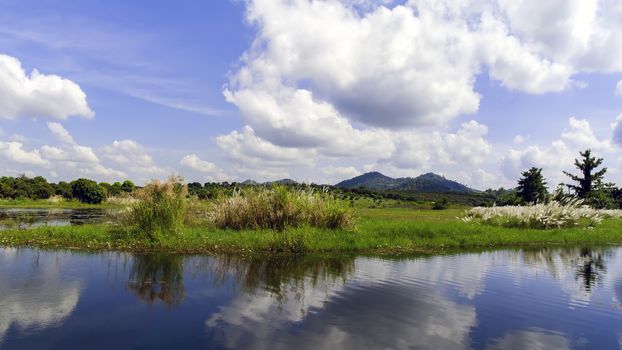 Reflections of Clouds in Lake. Asia, Thailand. 16x9