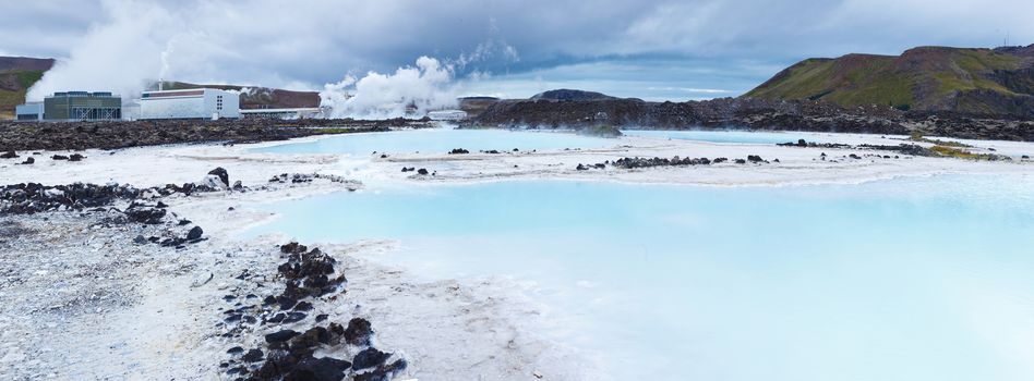 The famous blue lagoon geothermal bath near Reykjavik, Iceland. Panorama