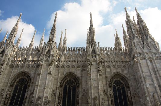 Side view of the Duomo, cathedral in Milan, Italy.