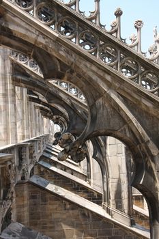 Details on the roof of famous gothic Milan Cathedral in Piazza del Duomo, Italy.