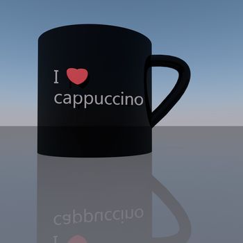 Black cup with words "I love cappuccino", 3d render