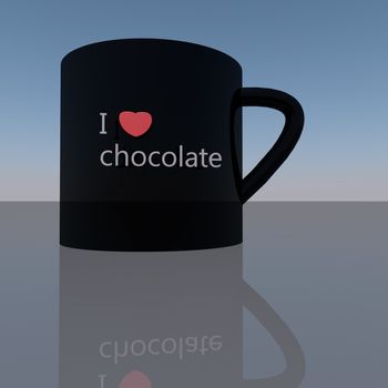 Black cup with words "I love chocolate", 3d render