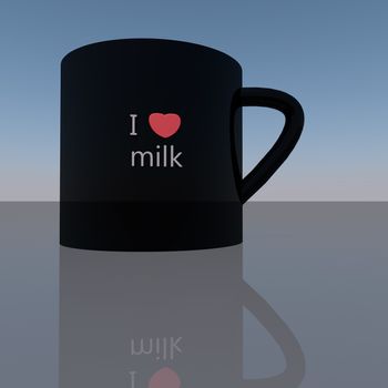 Black cup with words "I love milk", 3d render