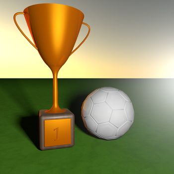 Golden Cup with label with number 1 and soccer ball, 3d render