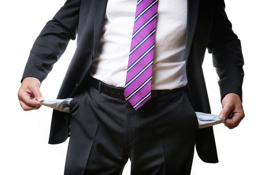 Businessman in dark suit and tie and empty pockets