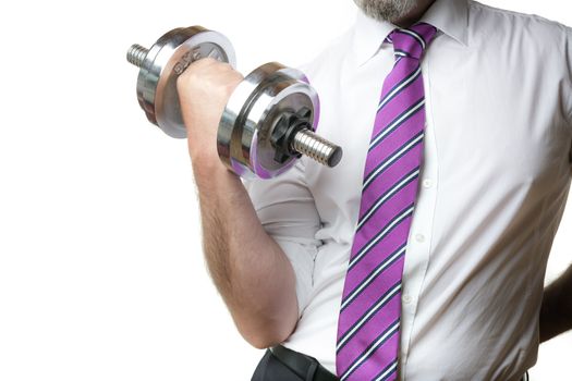 Businessman holding a silver dumbbell in the right hand