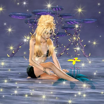 3D digital render of a cute mermaid and a fantasy flower on a fantasy ocean background