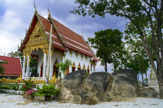 Buddhist Temple and Boulders on the Road 36, Chonburi - Rayong, Thailand.