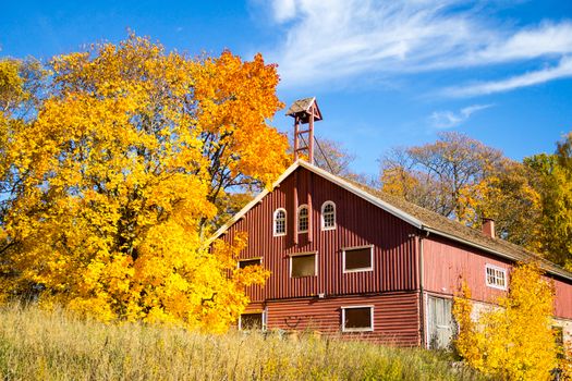 Old wooden darn surrounded by the bright autumn colors