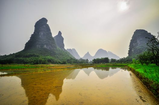 Beautiful Li river side Karst mountain landscape in Yangshuo Guilin, China