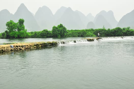 Beautiful Li river side Karst mountain landscape in Yangshuo Guilin, China