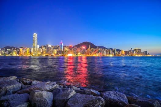 Hong Kong Island skyscrapers at night in China.