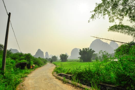 Beautiful Li river side Karst mountain landscape in Yangshuo Guilin, China