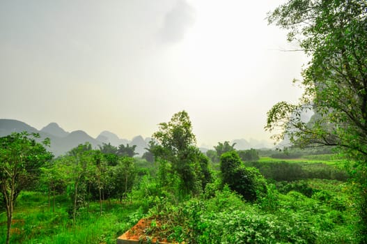 Beautiful Li river side Karst mountain landscape in Yangshuo Guilin, China