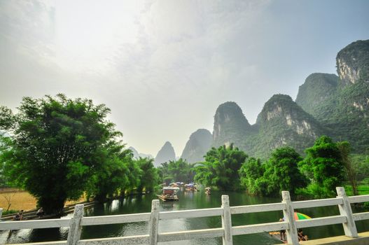 Beautiful Li river side Karst mountain landscape in Yangshuo Guilin, China