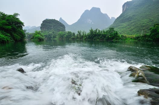 Beautiful Li river side Karst mountain landscape in Yangshuo Guilin, China