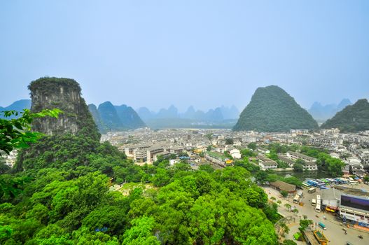 Aerial view of yangshuo city county town, beautiful karst mountain scenery,China