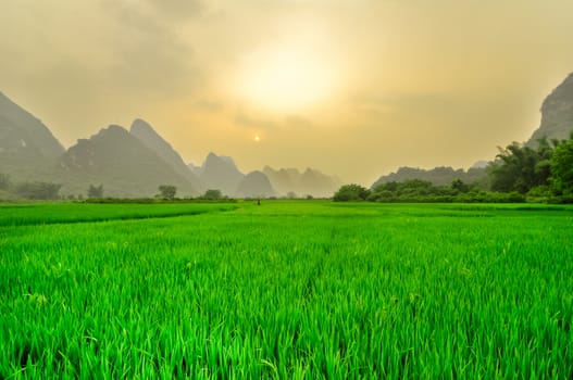 Beautiful Li river side Karst landscape in Yangshuo Guilin, China