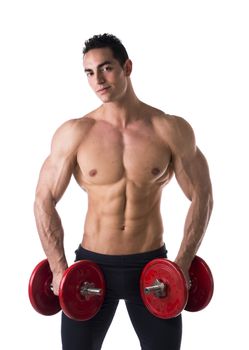 Happy muscular shirtless young man holding dumbbells, isolated on white