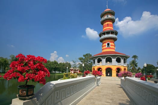 The tall tower in Bang Pa-In Palace, Ayutthaya, Thailand.