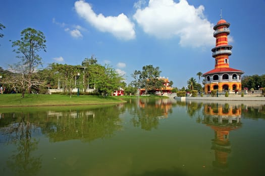 The tall tower in Bang Pa-In Palace, Ayutthaya, Thailand.