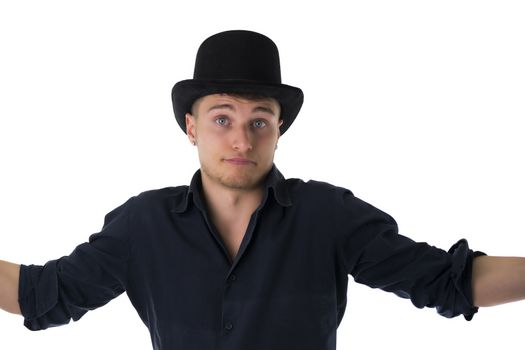 Handsome blue-eyed young man with black top-hat, unsure expression