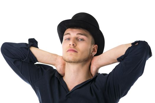 Handsome blue-eyed young man with black top-hat, confident expression, isolated