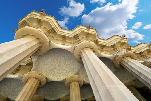 100 Doric columns hold the square above in Park Guell (1900-1914) of Barcelona - Spain. Architect Antoni Gaudi (1852-1926)