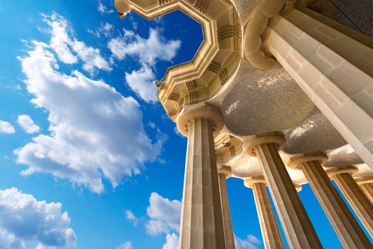 100 Doric columns hold the square above in Park Guell (1900-1914) of Barcelona - Spain. Architect Antoni Gaudi (1852-1926)