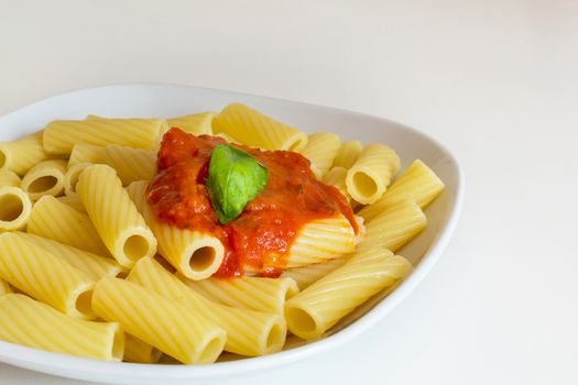 Italian macaroni with tomato sauce and leaves of basil
