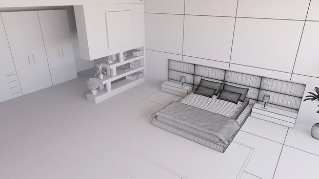 3D render of a bedroom in wireframe