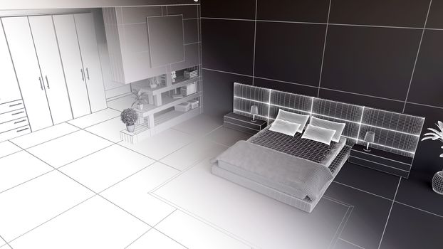 3D render of a bedroom in wireframe