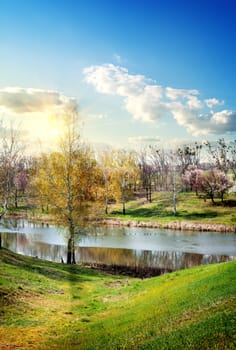 Beautiful river and blue sky in early spring 