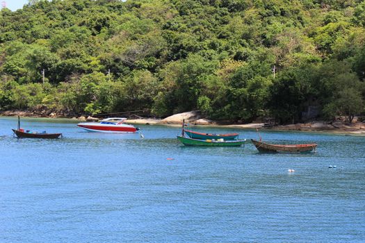 speed boat and mini boat in the sea with trees bakground