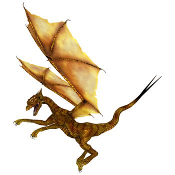 3D digital render of a fantasy golden little dragon isolated on white background
