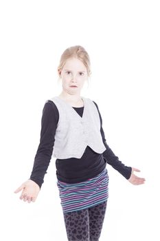 young blond girl with asking gesture in studio against white background