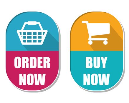 order now and buy now with shopping basket and cart symbols, two elliptic flat design labels with icons, business commerce concept