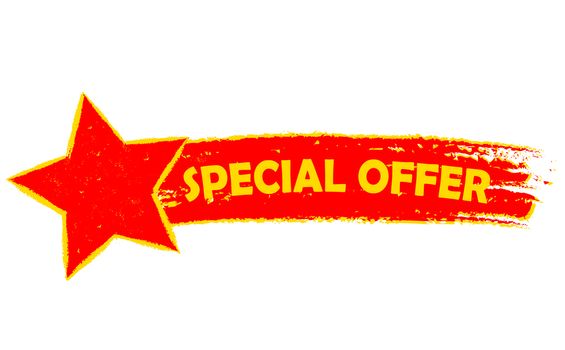 special offer with star banner - text in yellow and red drawn label, business shopping concept