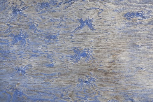 grey wooden board with knots and remnants of blue paint