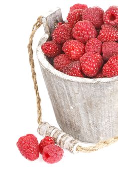 Fresh raspberry in the wooden bucket