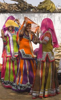 Beautiful tribal dancers in colorful costume find something amusing whilst performing in Jaipur, Rajasthan, India