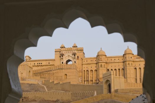 Imposing walls of Amber Fort former home to the Maharajah of Jaipur. Rajasthan India.