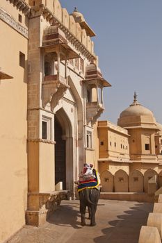 Decorated elephant emerging from the entrance of Amber Fort in Jaipur, Rajasthan, India.