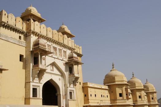 Suraj Pol. Imposing main entrance to Amber Fort. Historic building and former home to the Maharajah of Jaipur in Rajasthan, India.