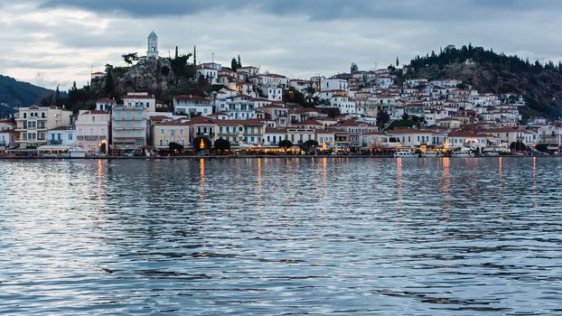 Greece, the port of Poros island at dusk