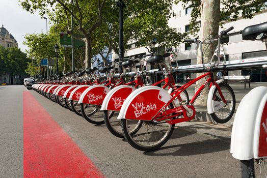 BARCELONA, SPAIN - JUN 9, 2014: Bicycle of the Bicing service in Barcelona sponsored by Vodafone. With the bicing sharing service people can rent bicycles for short trips. 