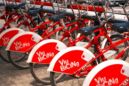BARCELONA, SPAIN - JUN 10, 2014: Bicycle of the Bicing service in Barcelona sponsored by Vodafone. With the bicing sharing service people can rent bicycles for short trips. 