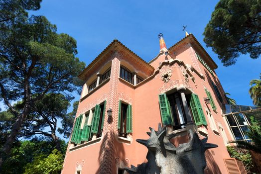 BARCELONA, SPAIN - JUNE 10, 2014: house of Antoni Gaudi and museum in the Park Guell on June 10, 2014 in Barcelona. The park is with other works of Gaudi part of the Unesco world heritage sites. 