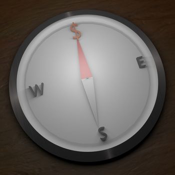 A compass over wooden background indicating dollar symbol, 3d render