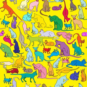 Cats seamless pattern, hand drawn doodle illustration of a series of funny animals over yellow background